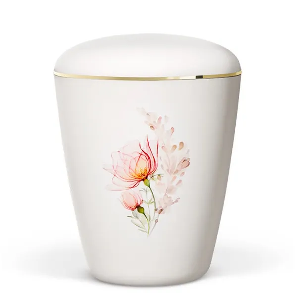 URNE, HVIT MATT, BLOMSTERBUKETT ROSE OG FERSKEN MED GULLBÅND, 26851