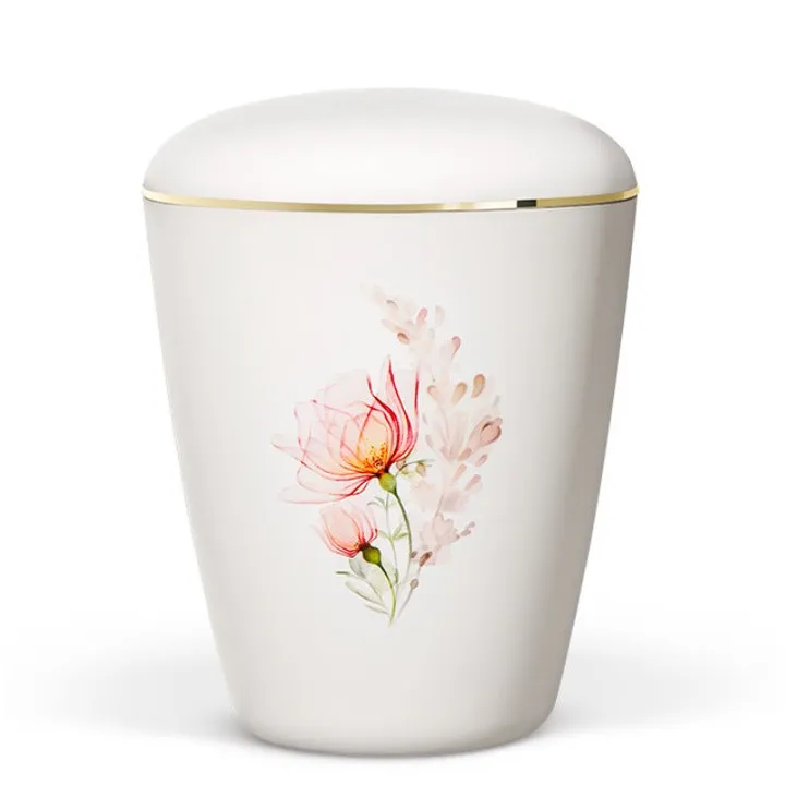 URNE, HVIT MATT, BLOMSTERBUKETT ROSE OG FERSKEN MED GULLBÅND, 26851